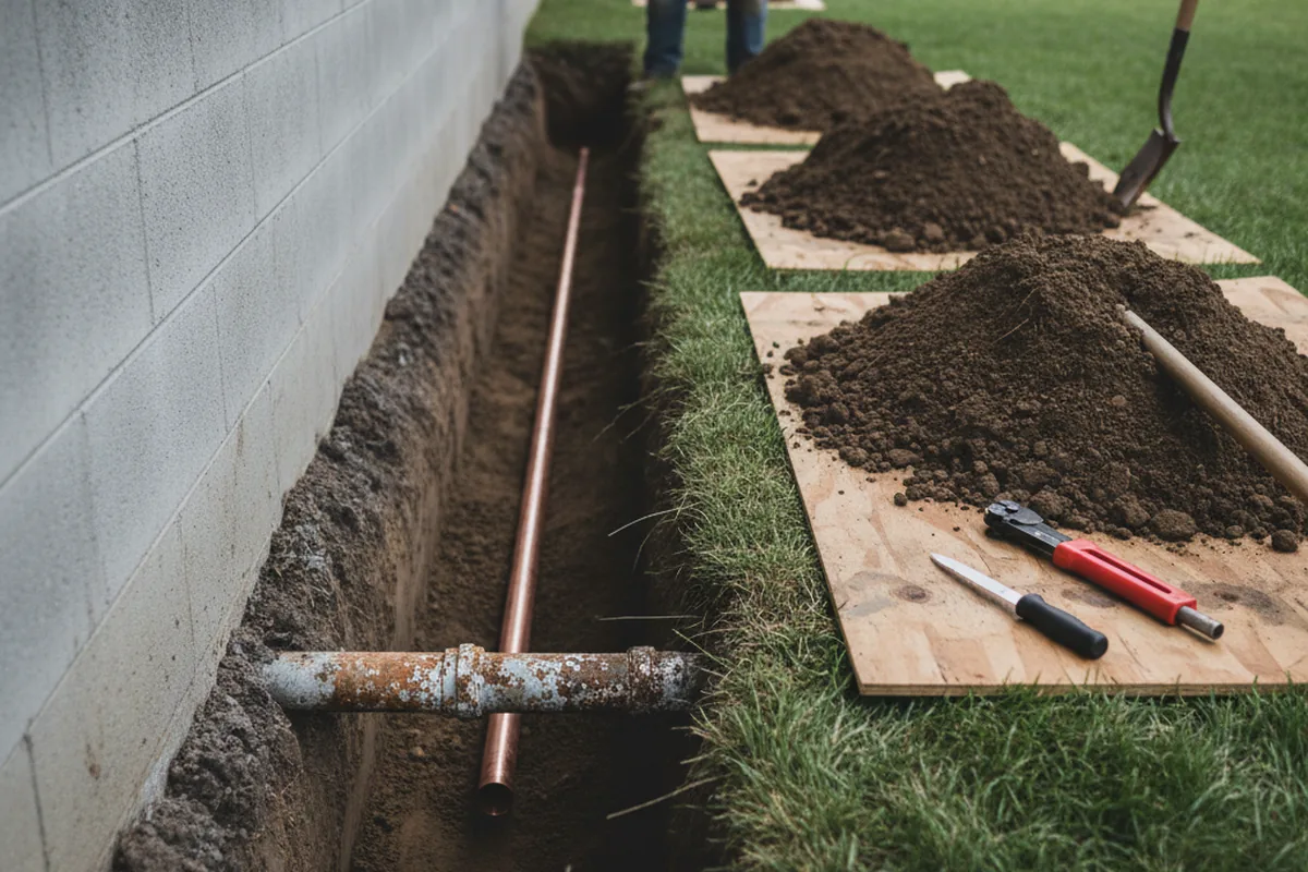 Excavated water line trench during Sewer Line Repair in Tivoli